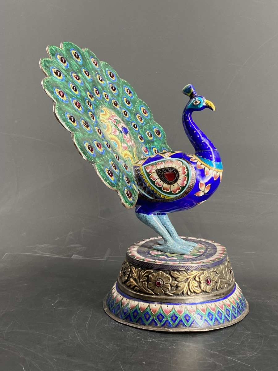 PAON EN ARGENT ET ÉMAIL, 23,5cm, INDE, JAIPUR, 1900- 1910.-photo-1
