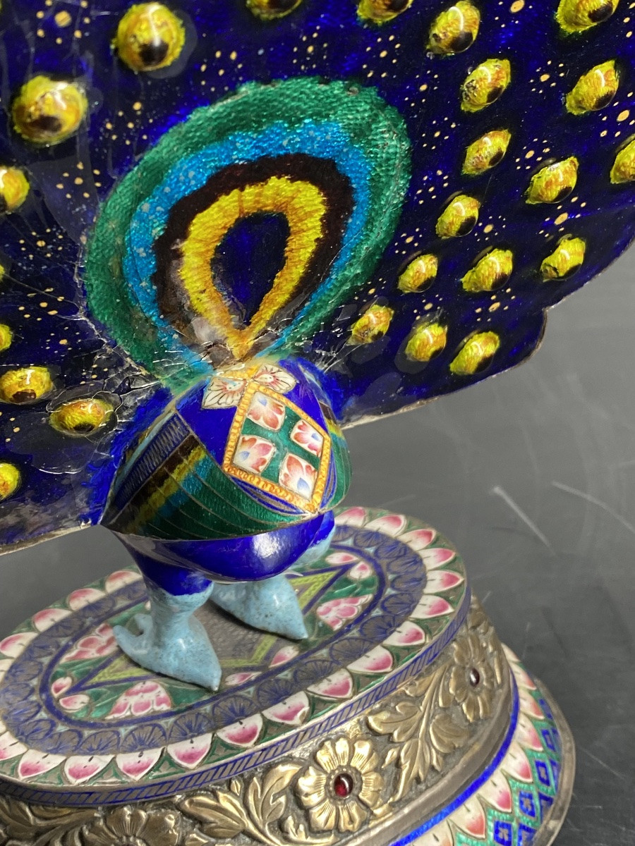 PAON EN ARGENT ET ÉMAIL, 23,5cm, INDE, JAIPUR, 1900- 1910.-photo-3