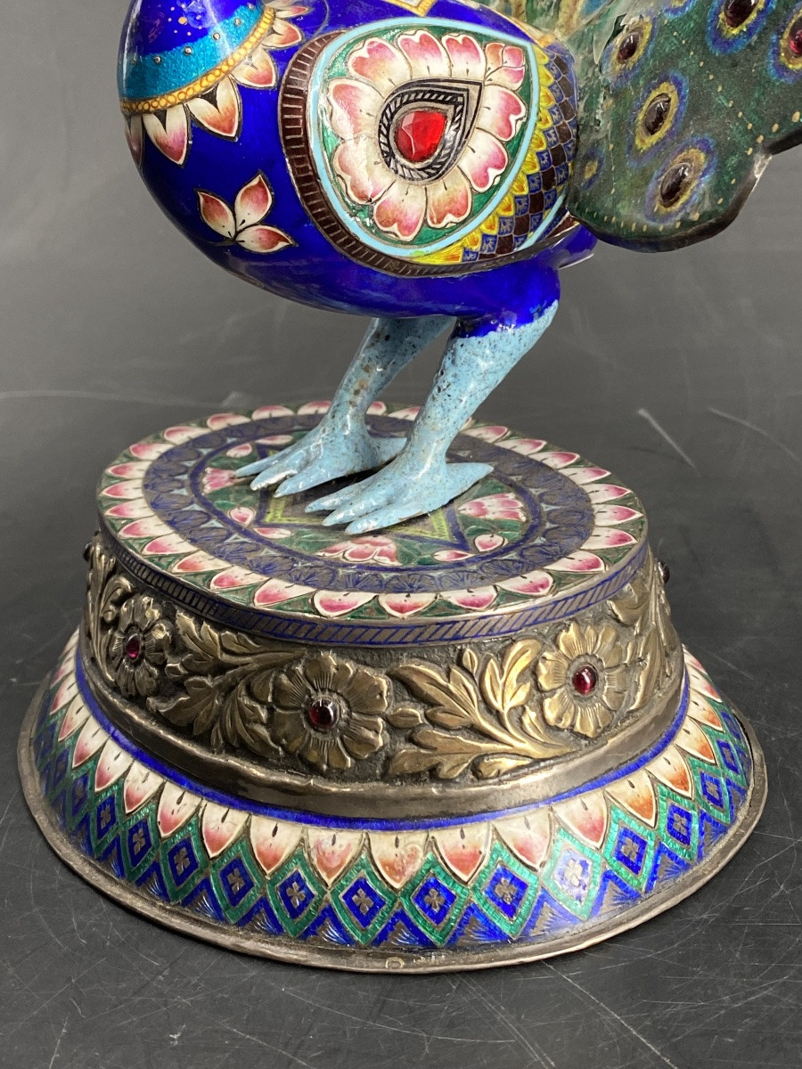 PAON EN ARGENT ET ÉMAIL, 23,5cm, INDE, JAIPUR, 1900- 1910.-photo-4
