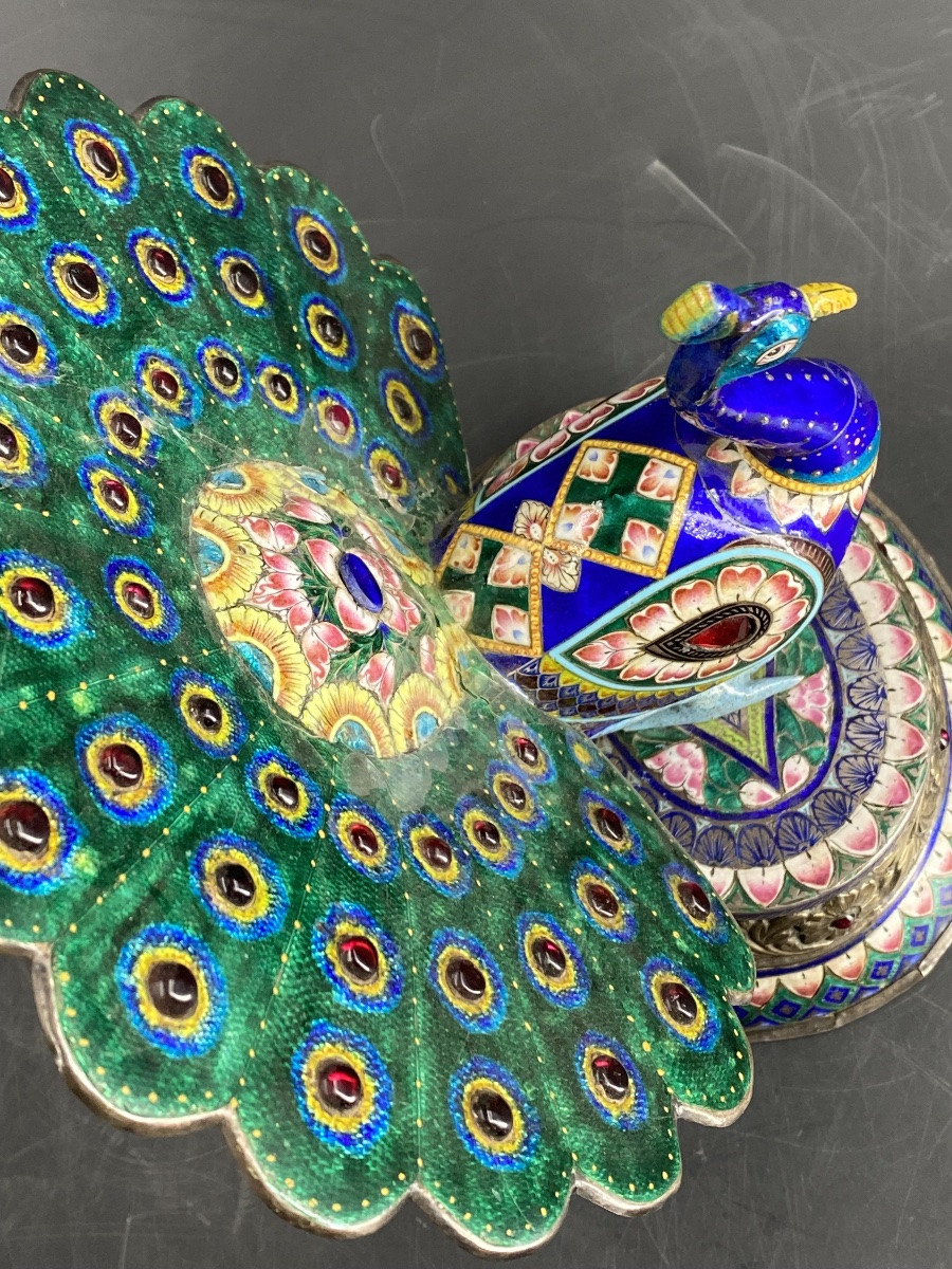 PAON EN ARGENT ET ÉMAIL, 23,5cm, INDE, JAIPUR, 1900- 1910.-photo-5
