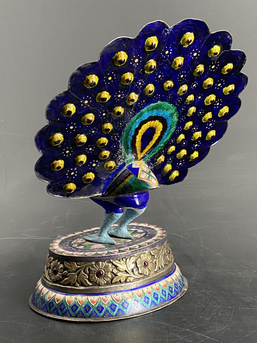 PAON EN ARGENT ET ÉMAIL, 23,5cm, INDE, JAIPUR, 1900- 1910.-photo-6
