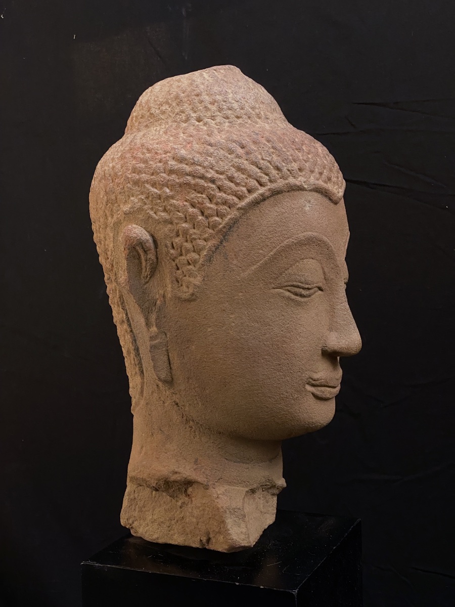 Grande tête de Bouddha en grès beige, 44 cm, Siam,  Ayutthaya XVIIème-photo-4