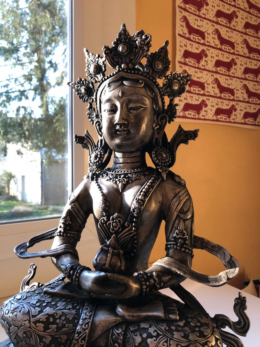 Amitayus Buddha, Silver Metal, 50 Cm-photo-2