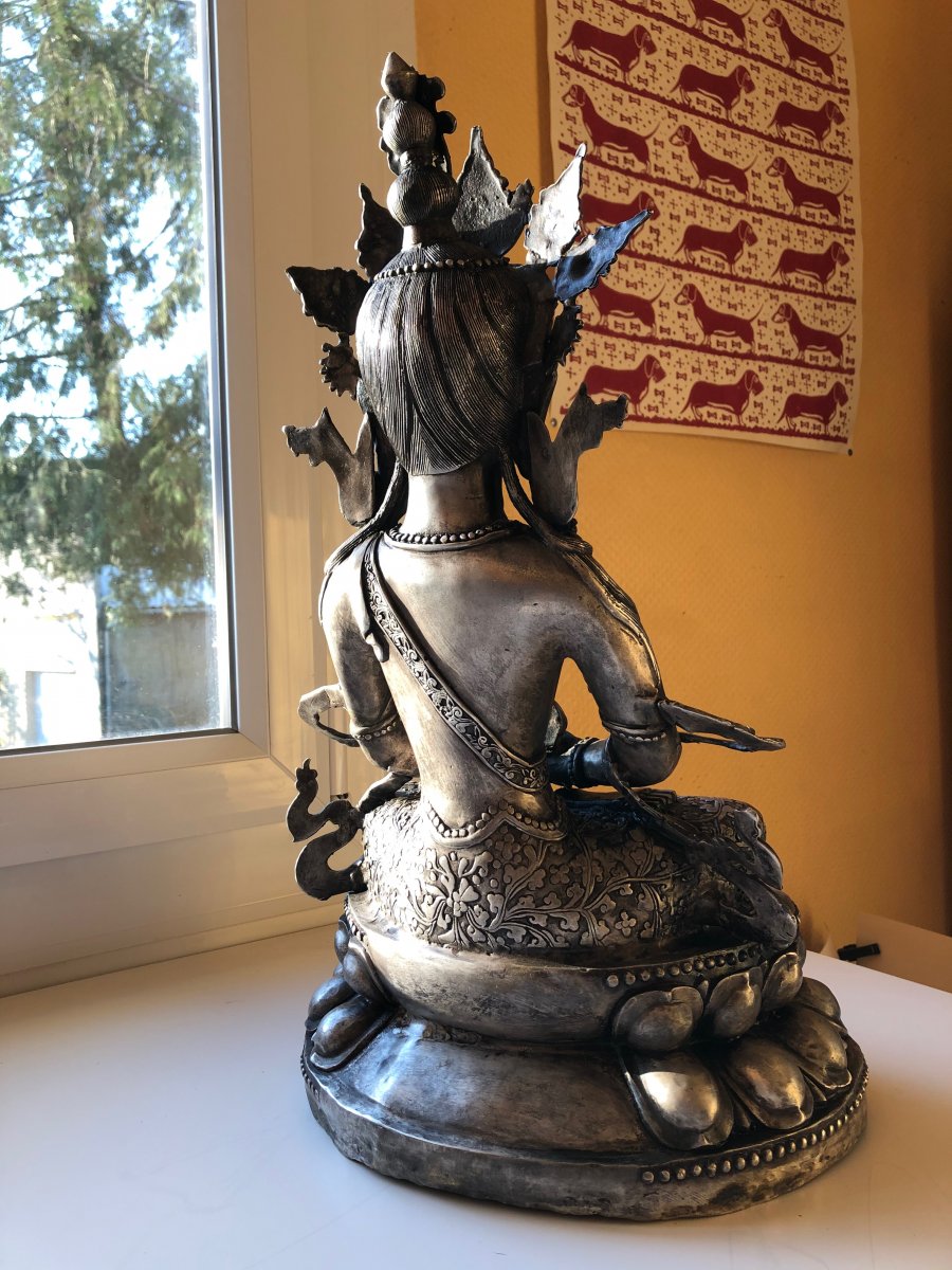 Bouddha Amitayus, métal argenté, 50 cm-photo-3