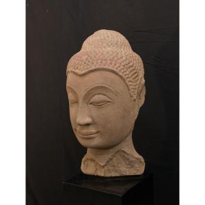 Large Buddha Head Made Of Beige Sandstone, 44 Cm, Siam, Ayutthaya, 17th Century