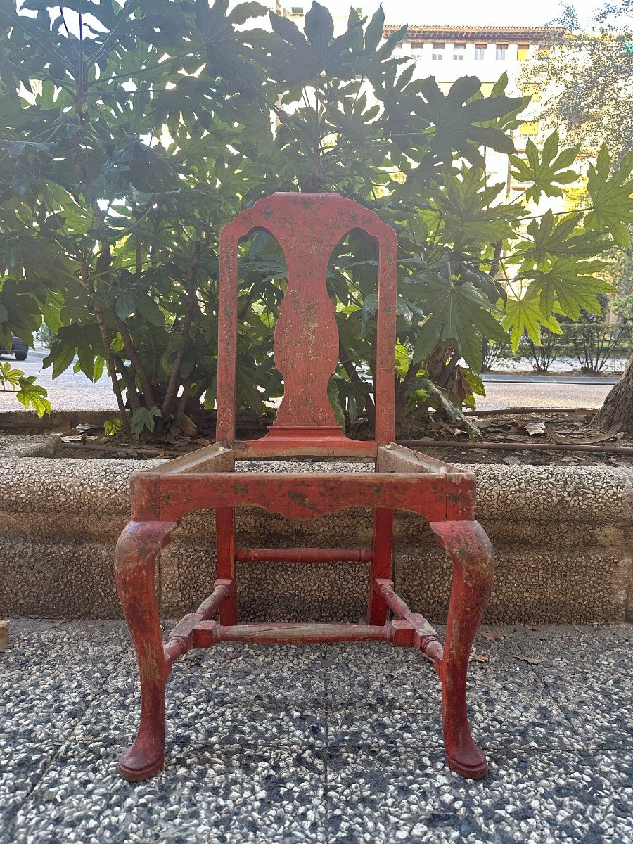 Spectaculaire chaise d'appoint du XVIIIe siècle en bois polychrome rouge à motifs de chinoiseri-photo-3