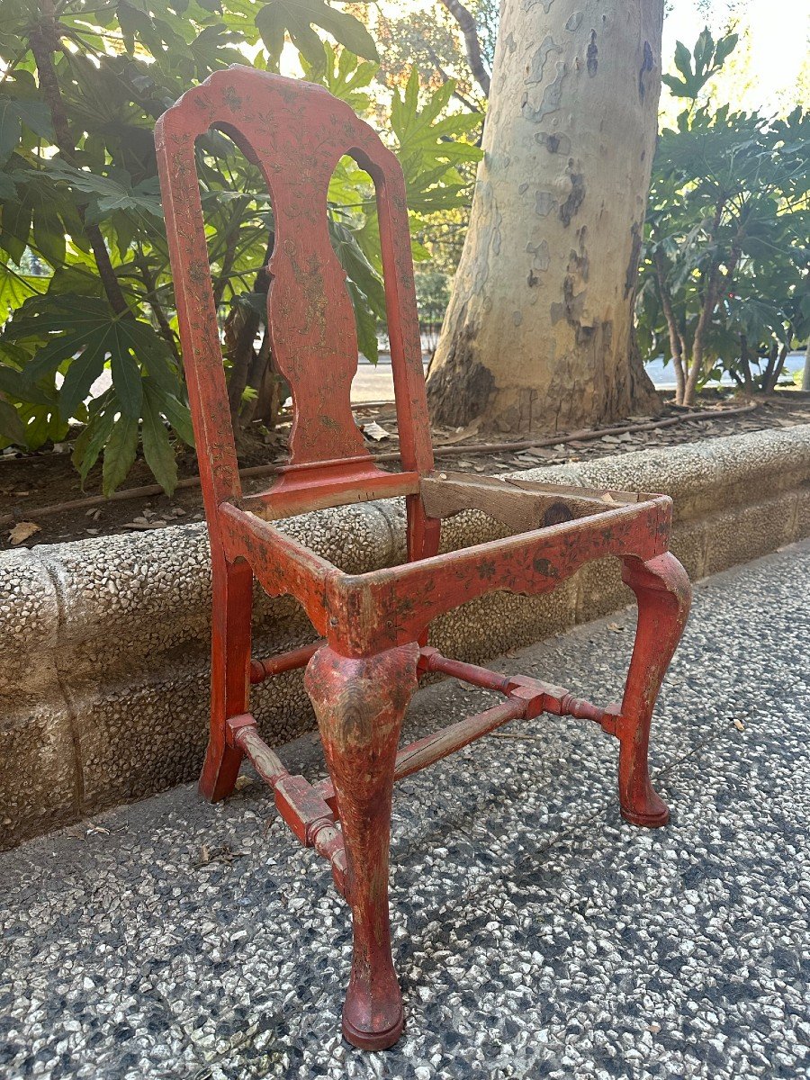 18th Century Side Chair In Red Polychrome Wood With Chinoiserie Patterns-photo-2