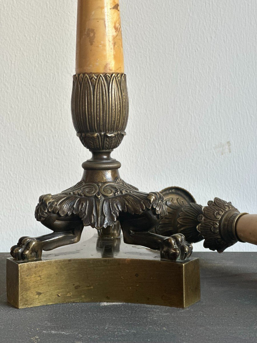 Pair Of Siena Marble And Bronze Candlesticks. Restoration Period. Around 1820-photo-1