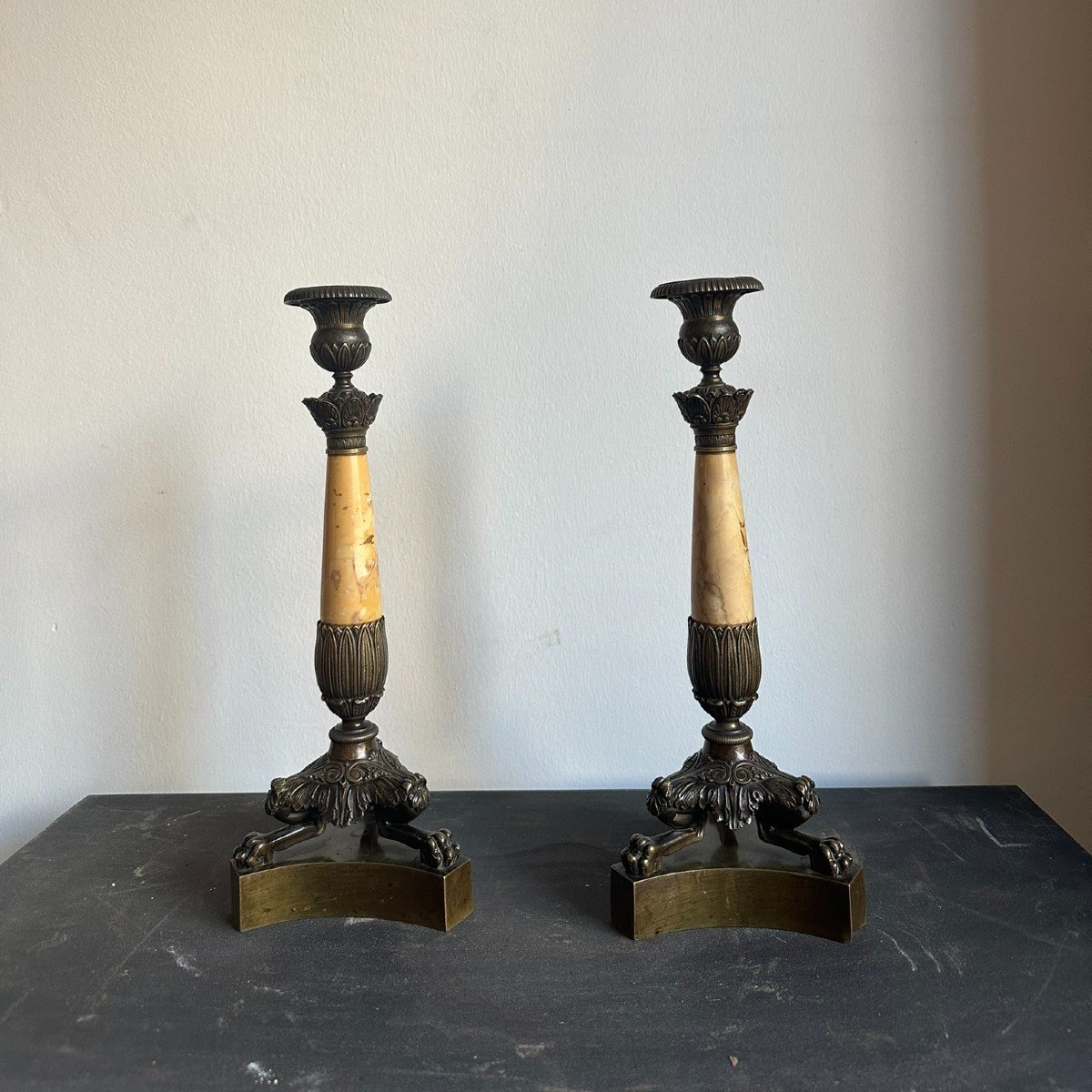 Pair Of Siena Marble And Bronze Candlesticks. Restoration Period. Around 1820