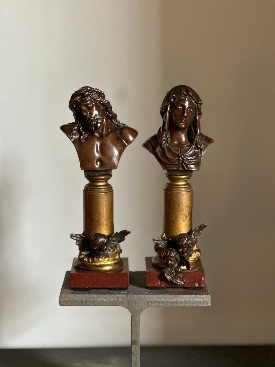 Paire de bustes du Christ et de la Vierge en bronze-photo-1