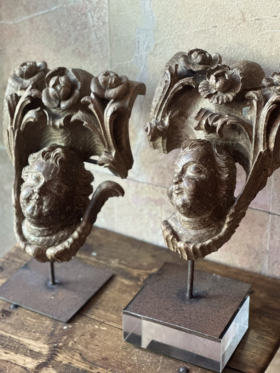 Pair Of Angels Carved In Wood. Late 17th Century - Early 18th Century.-photo-2