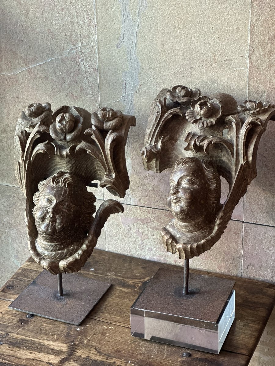 Pair Of Angels Carved In Wood. Late 17th Century - Early 18th Century.-photo-3