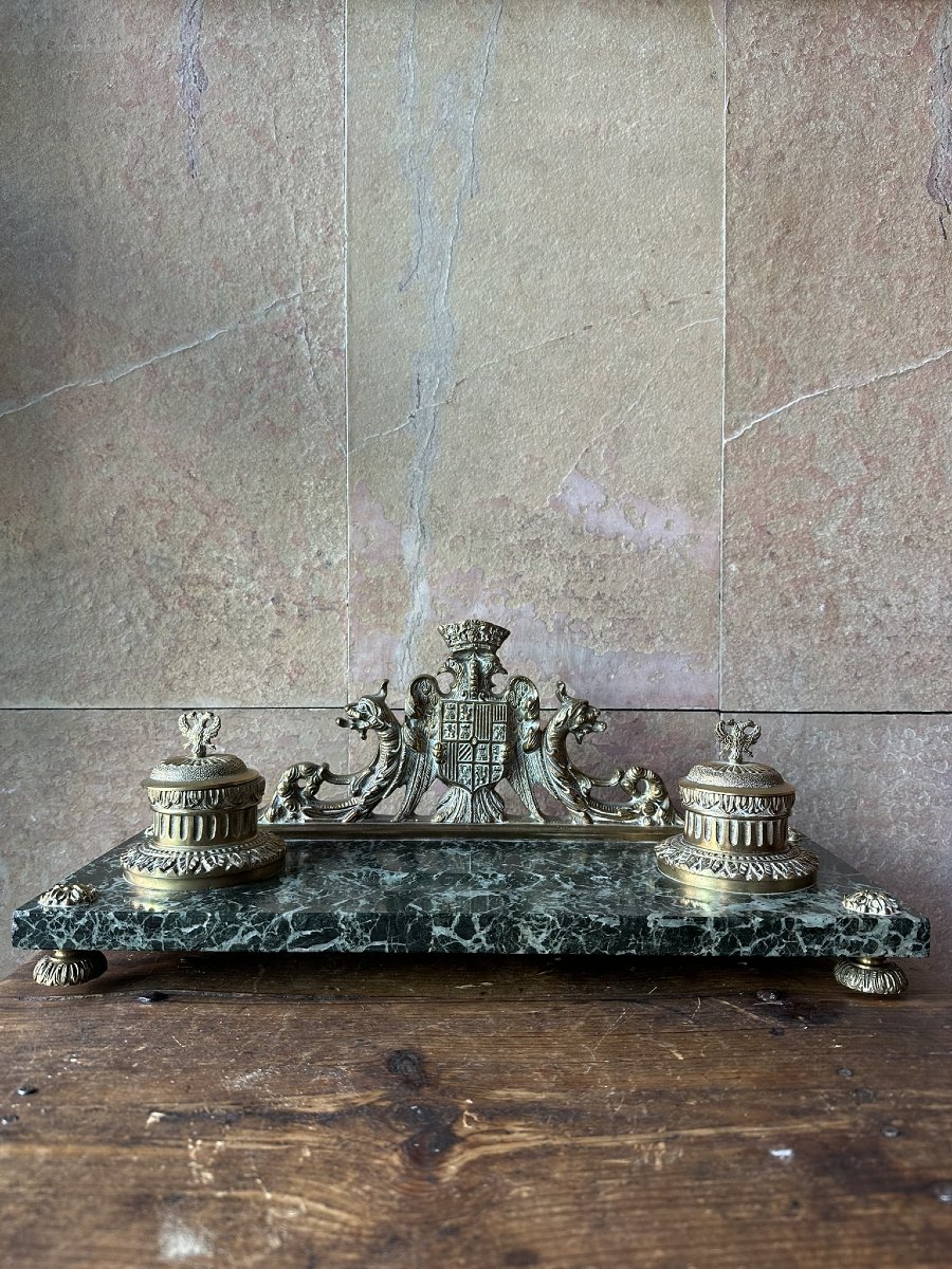 Early 20th Century Bronze And Marble Inkwell-photo-1