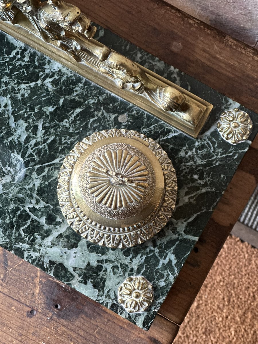 Early 20th Century Bronze And Marble Inkwell-photo-2