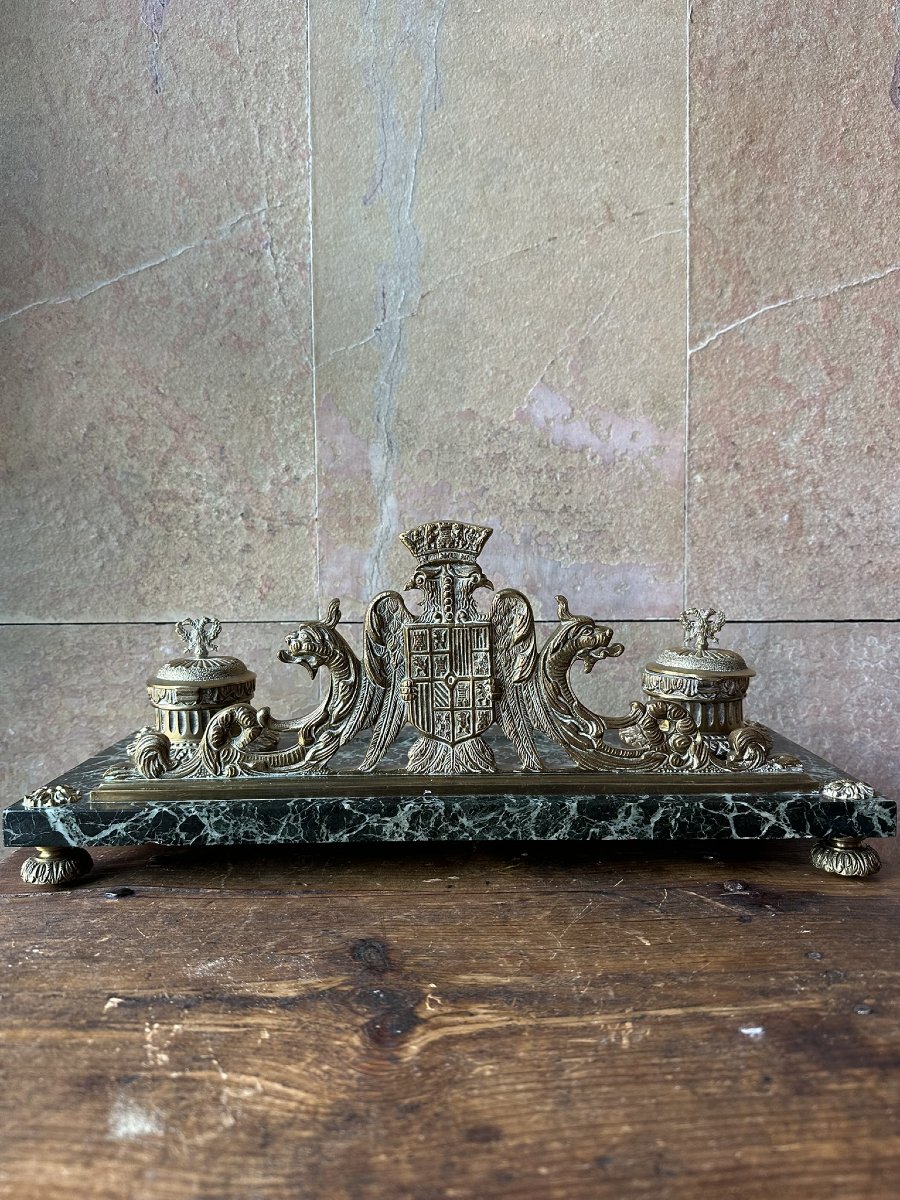 Early 20th Century Bronze And Marble Inkwell-photo-4