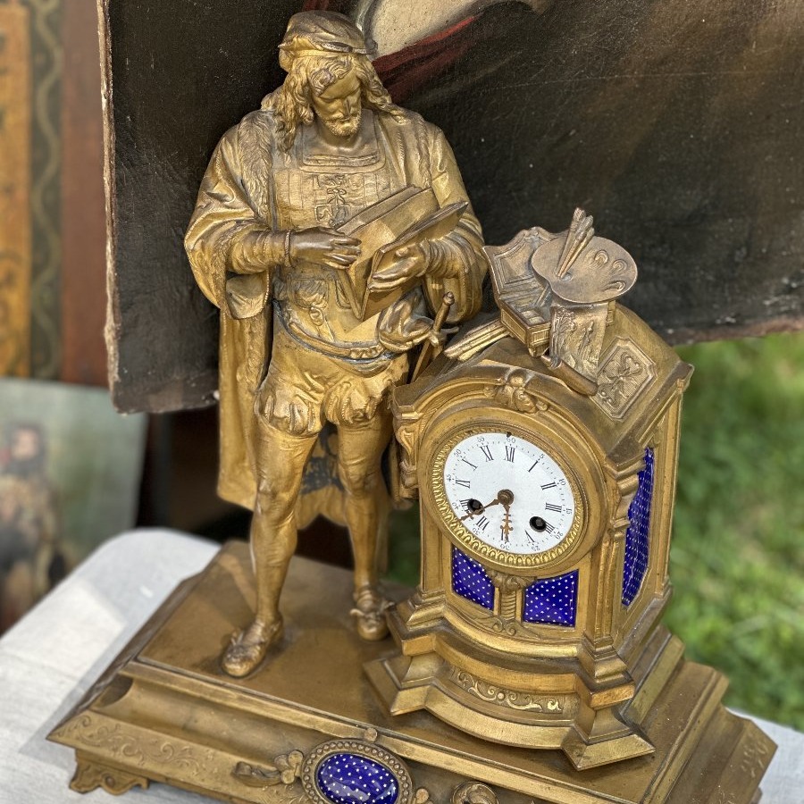 French Mantel Clock Made Of Brass And Enamel. Made By Clockmaker Philippe H. Mourey.