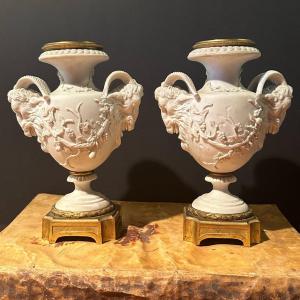 Pair Of Biscuit Vases. 19th Century, Mounted In Bronze.