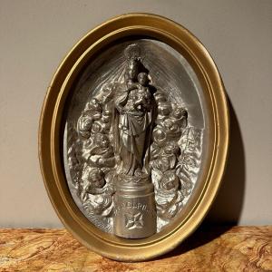 Precious Virgin Of The Pillar In Silver Plaster From The 19th Century.