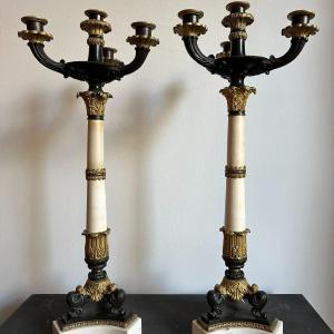 Pair Of Marble And Bronze Candlesticks, Restoration Period