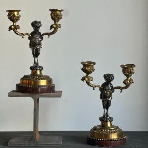 Pair Of Bronze And Silvered Bronze Candlesticks. Napoleon III Period.