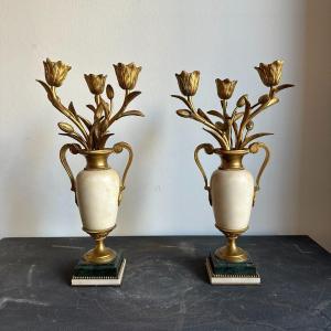 Pair Of Napoleon III Candlesticks, In Bronze And Marble