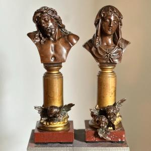 Pair Of Bronze Busts Of Christ And The Virgin