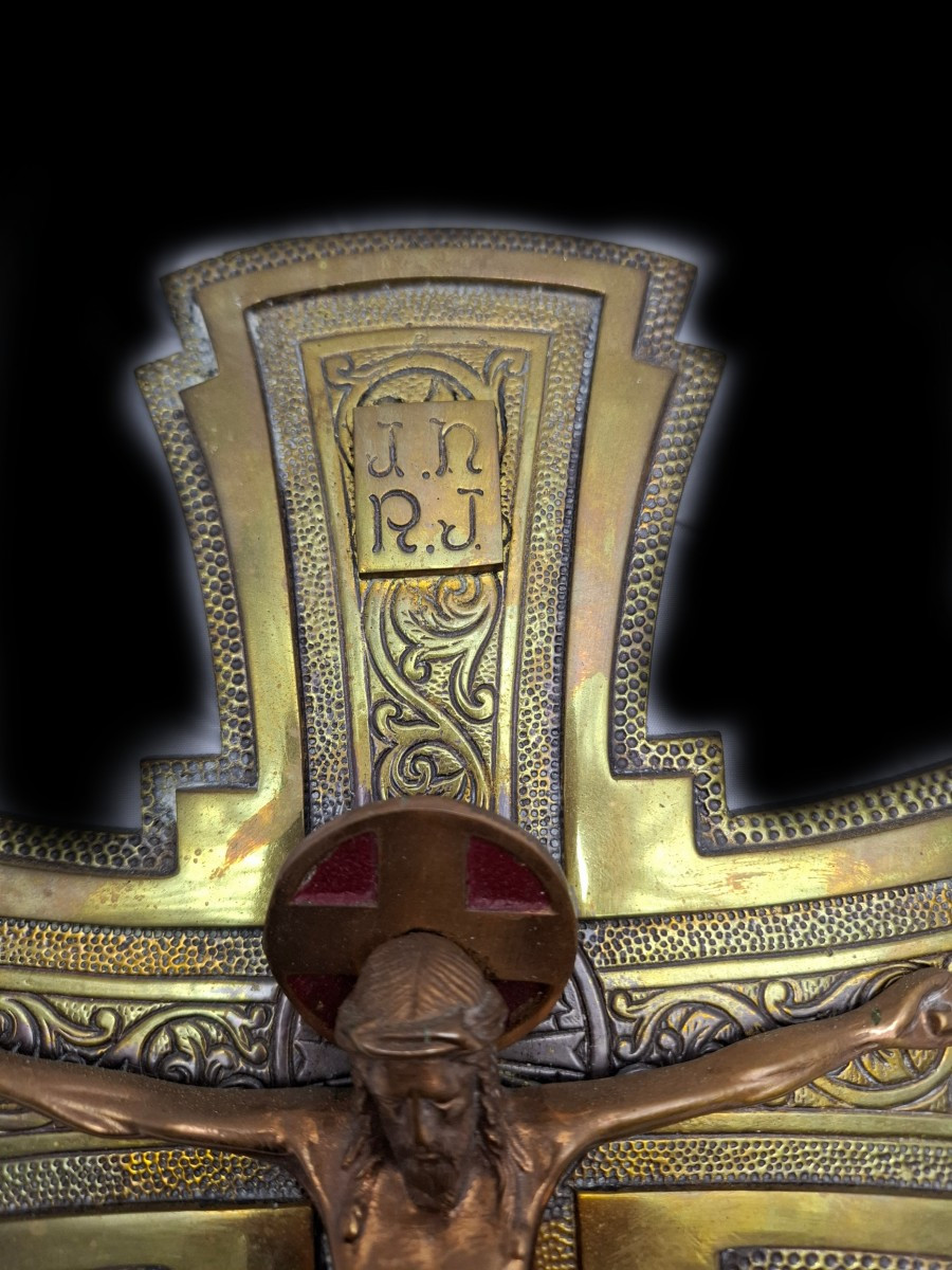 Bronze Crucifix, Signed And Carved On Both Sides.-photo-2