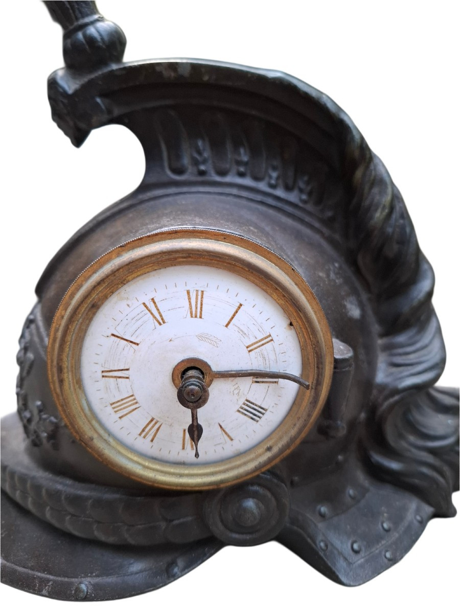French Cuirassier Helmet, Made Of Metal As A Pendulum With Integrated Clock-photo-3