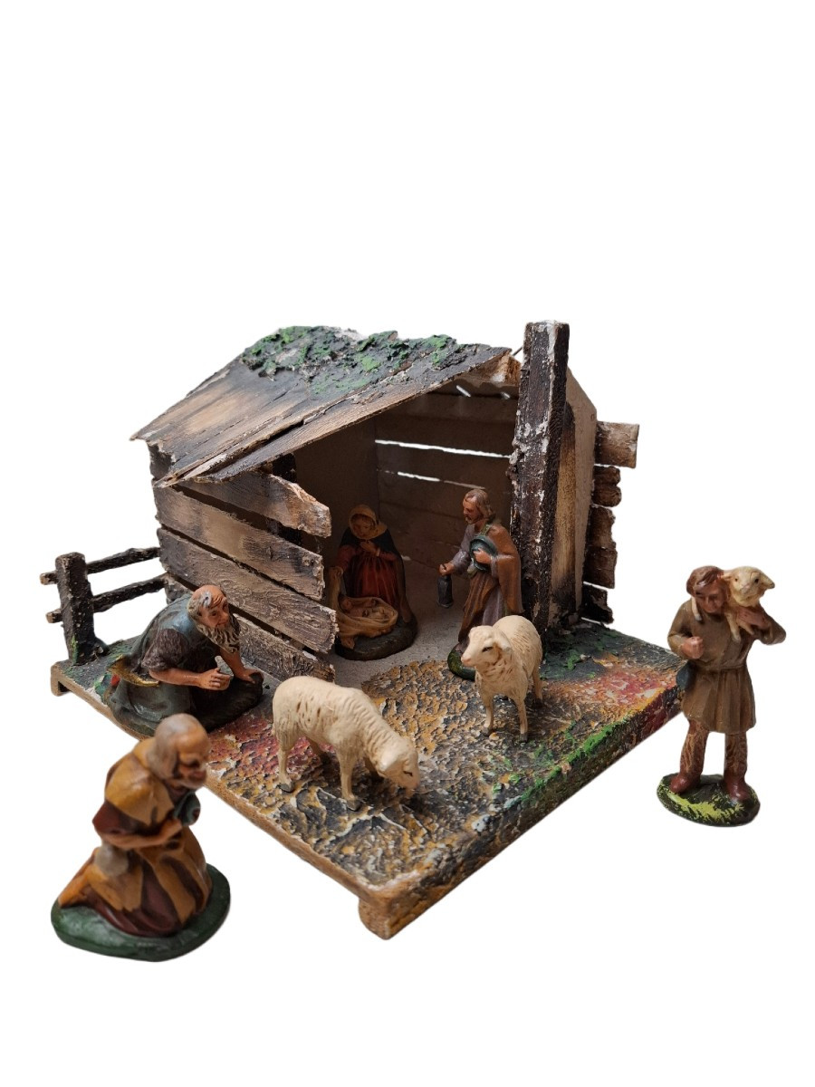 Nativity Scene With Jesus And Mary, Shepherd With Two Sheep Near A House