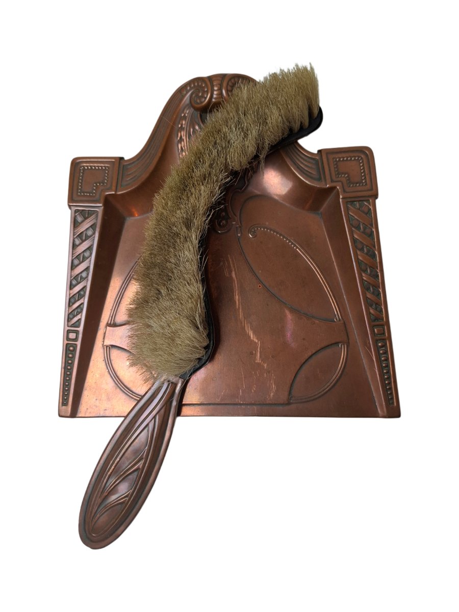 Plateau à miettes en cuivre Art Nouveau avec brosse assortie-photo-4