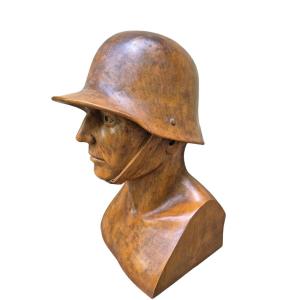 Hand-carved Bust Of A World War I Soldier. Made Of Wood.
