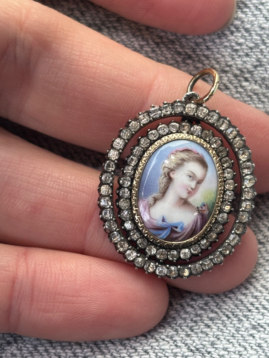 Pendentif Miniature sur porcelaine Or et Argent-photo-3