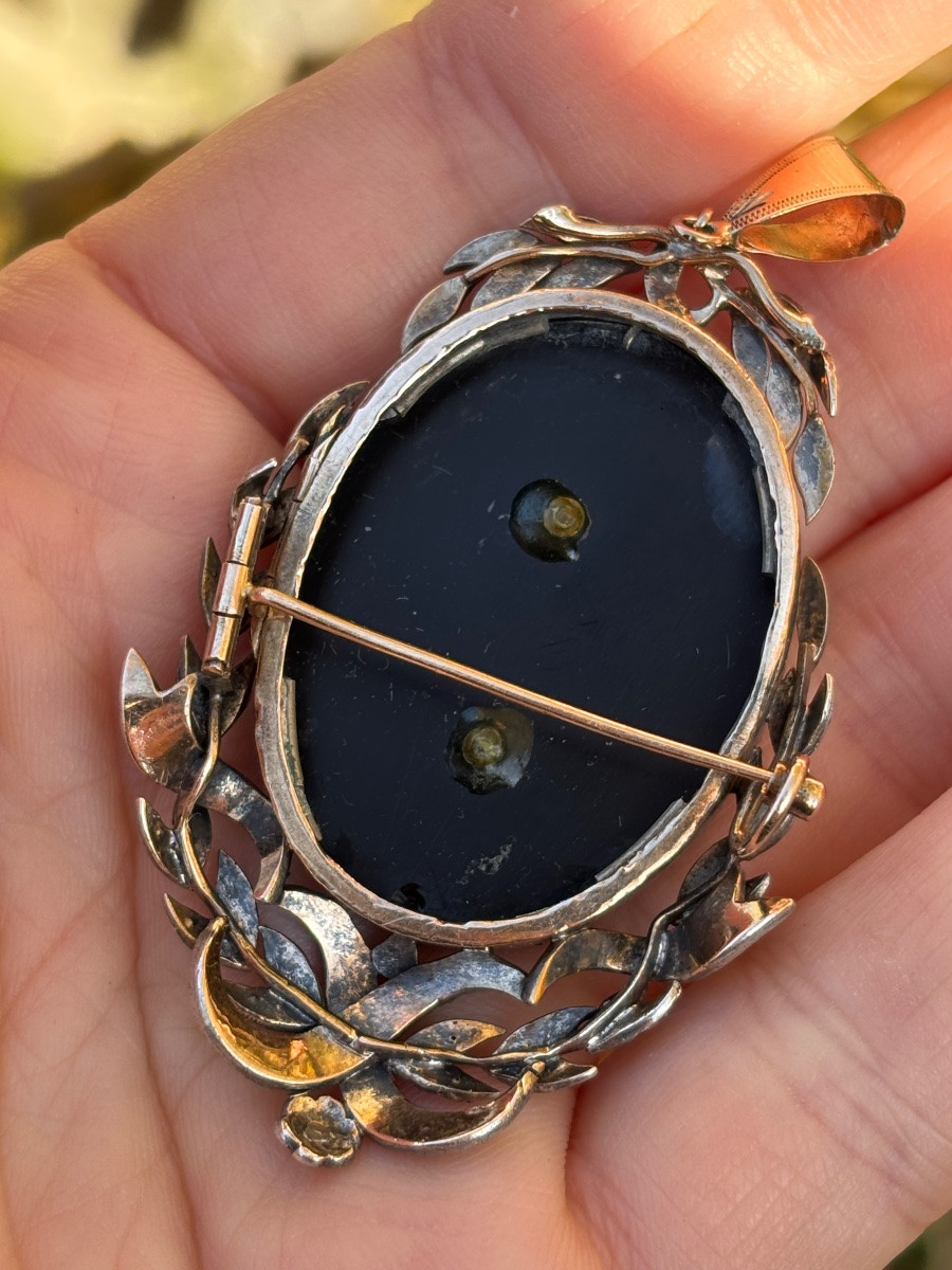 Broche pendentif or 18 ct, Onyx, Turquoises et perles fines-photo-2