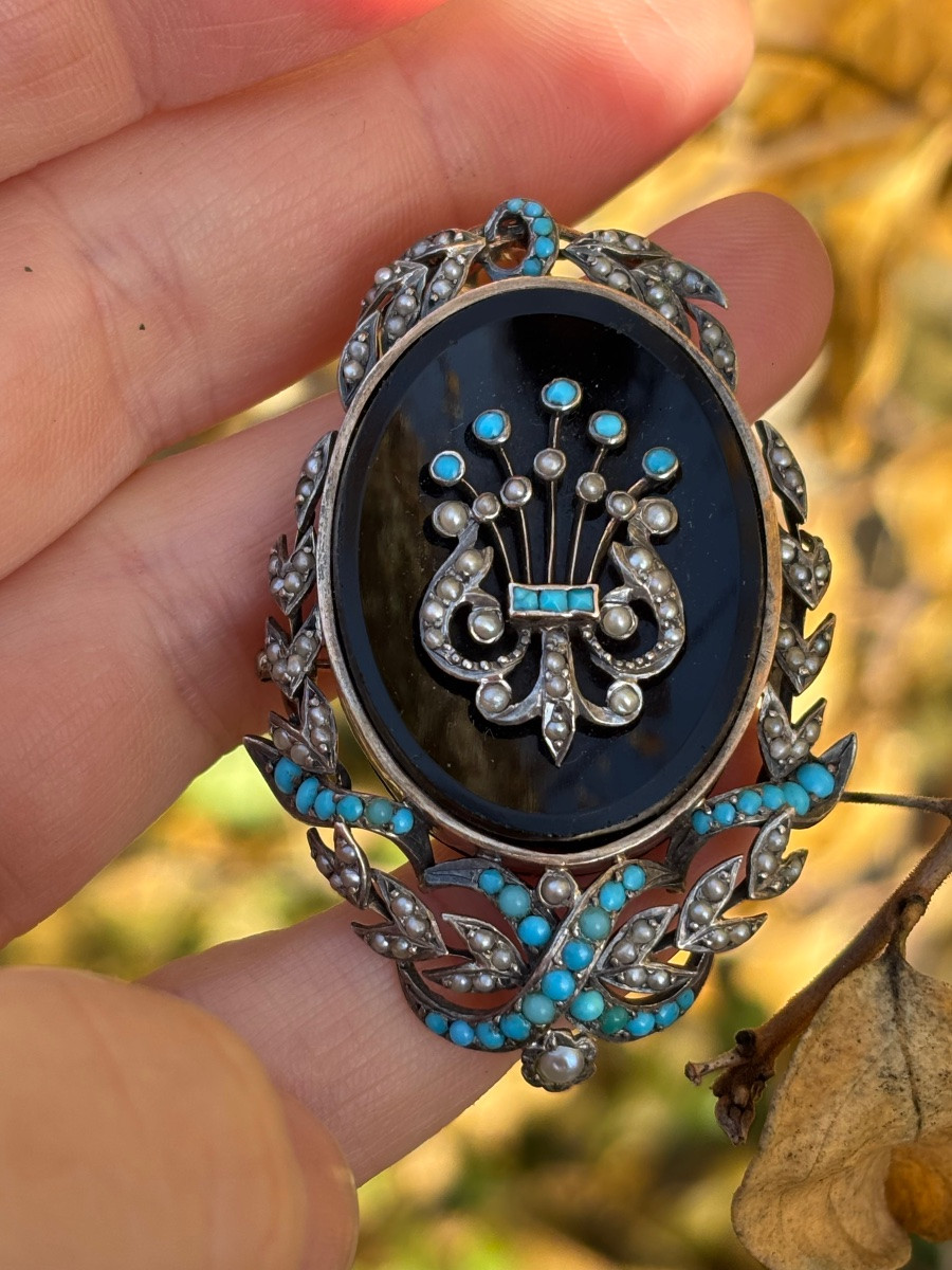 Broche pendentif or 18 ct, Onyx, Turquoises et perles fines-photo-3
