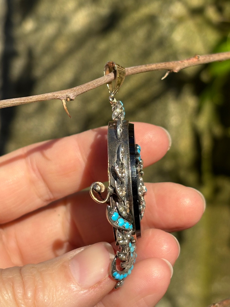 Broche pendentif or 18 ct, Onyx, Turquoises et perles fines-photo-2