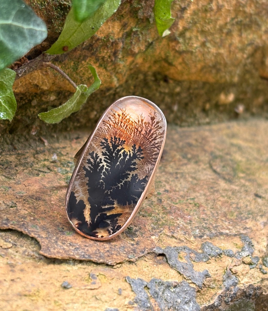 Bague Dendrite , Agate Herborisée et or 9 ct