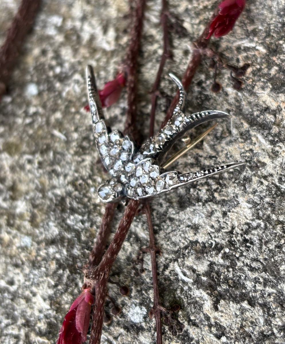 Swallow Brooch In Diamonds, 18k Gold And Silver
