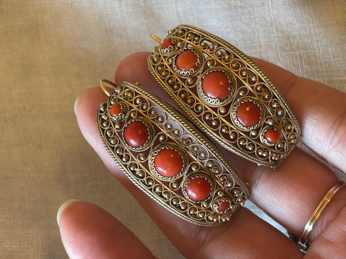Poissardes  Earrings Gold Filled On Silver And Coral-photo-3