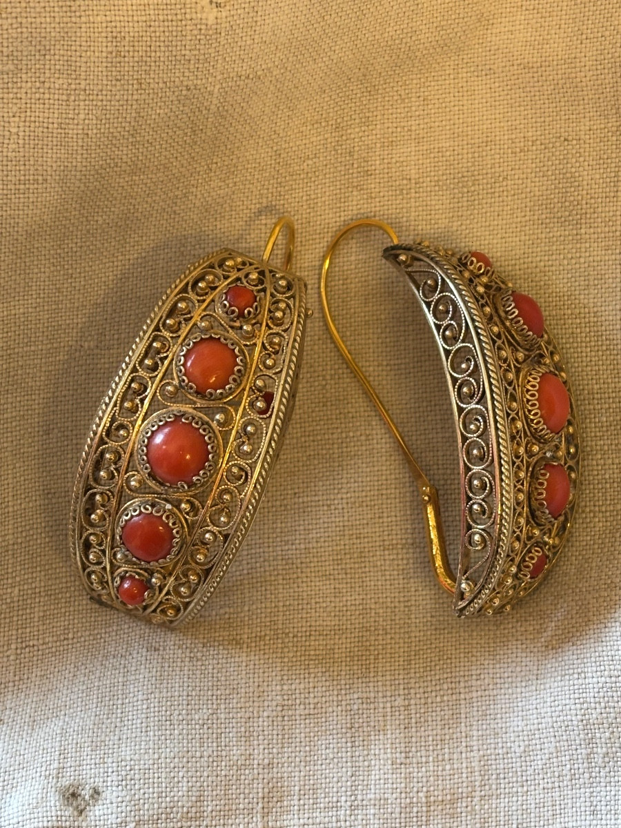 Poissardes  Earrings Gold Filled On Silver And Coral