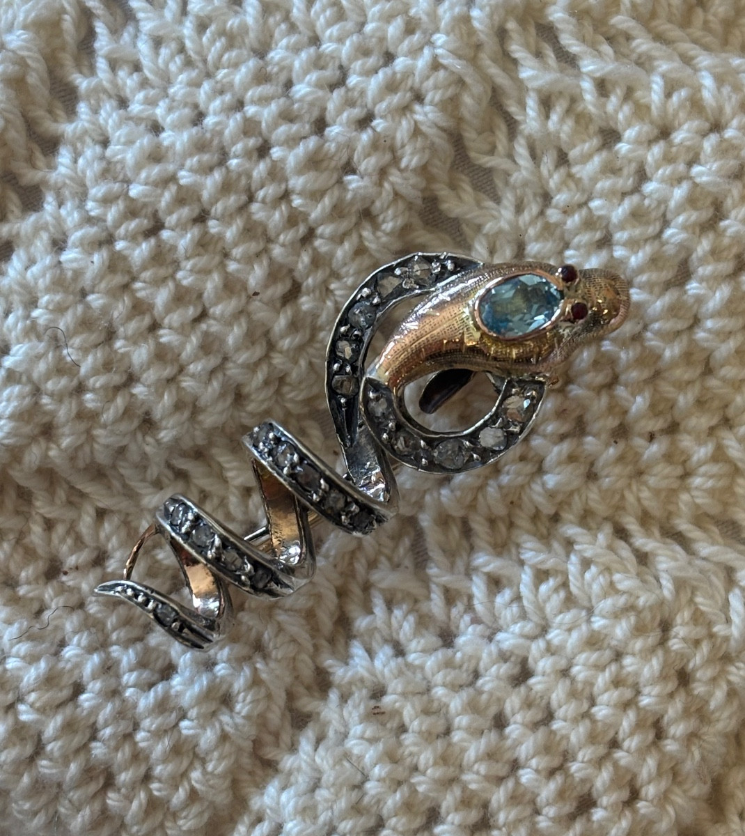 Broche et Coulissant Serpent or 18ct, aigues-marine et diamant 