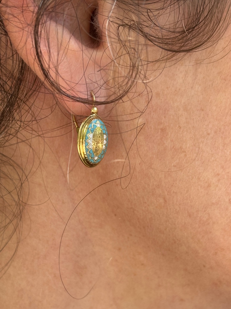 Boucles d’oreilles dormeuses or 18 k emaillé -photo-2