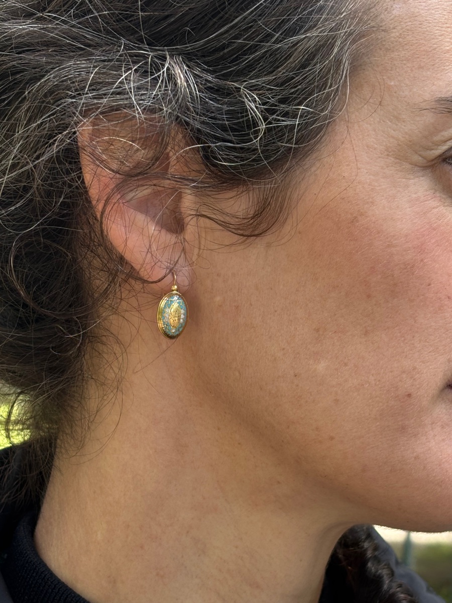 Boucles d’oreilles dormeuses or 18 k emaillé -photo-3