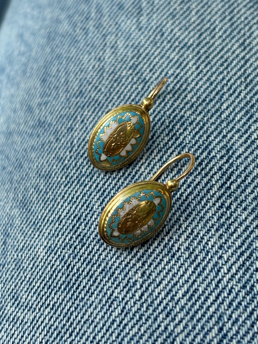 Boucles d’oreilles dormeuses or 18 k emaillé -photo-4