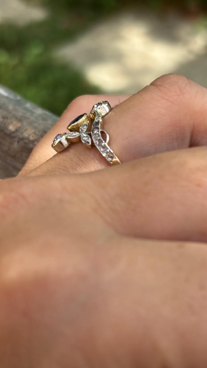 Bague trilogie saphir et diamants, Or 18ct & Platine-photo-2
