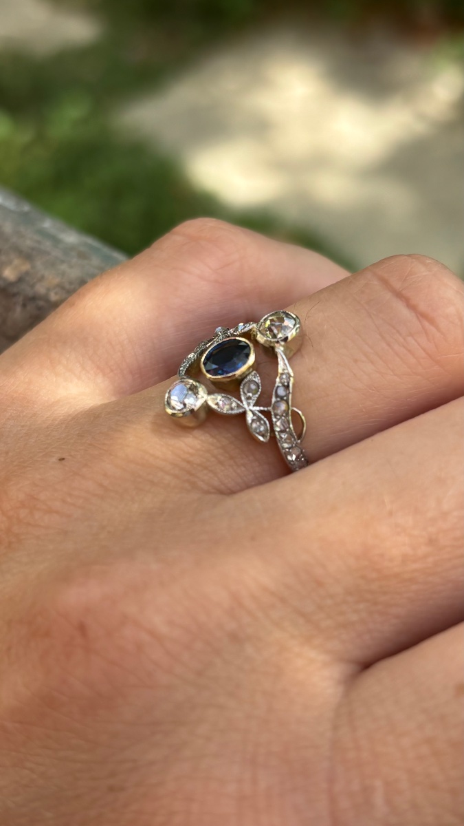 Bague trilogie saphir et diamants, Or 18ct & Platine-photo-3