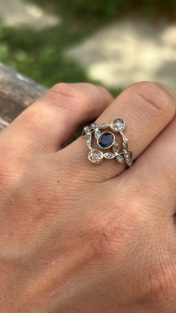 Bague trilogie saphir et diamants, Or 18ct & Platine-photo-1