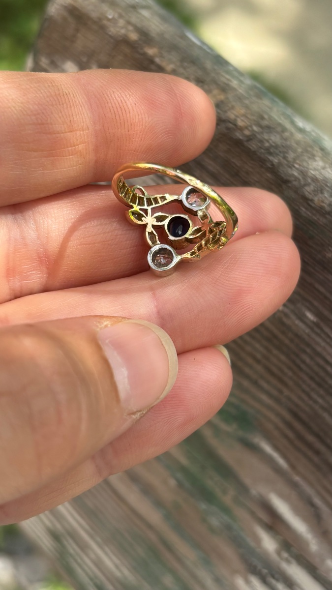 Bague trilogie saphir et diamants, Or 18ct & Platine-photo-2