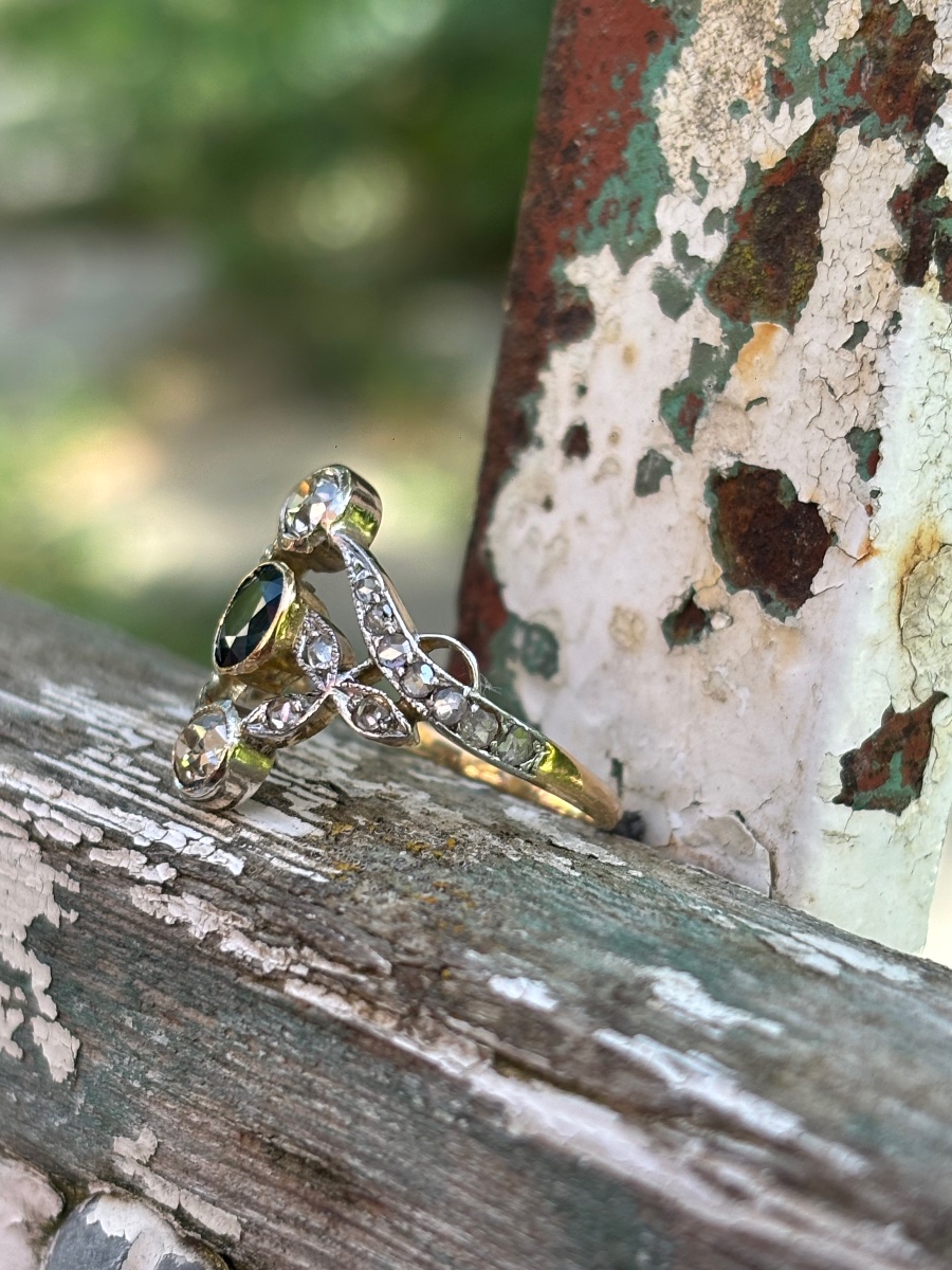 Bague trilogie saphir et diamants, Or 18ct & Platine-photo-3