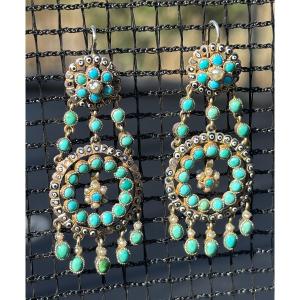 Late 19th-century Vermeil Turquoises And Fine Pearls Earrings