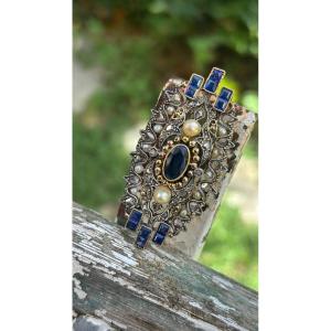 Broche Art Deco or 18ct, diamants , saphir , perles